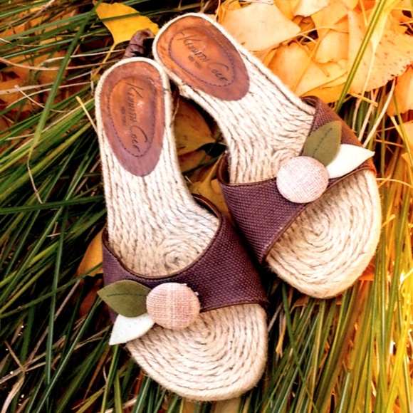 Kenneth Cole Shoes - Kenneth Cole Brown Green linen jute-soled slide sandals size 7